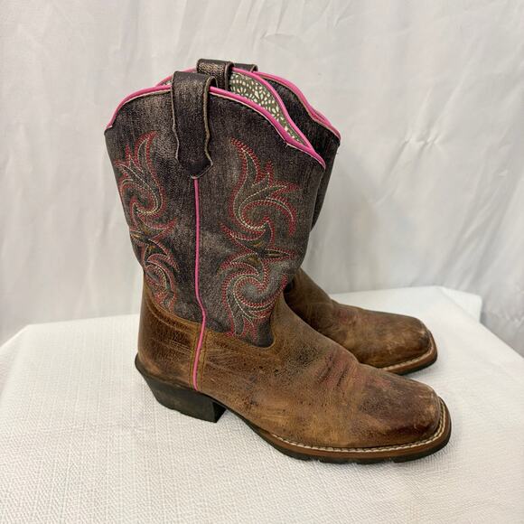 Dan Post Boots Girls Size 4 D Cowboy Western Square Toe Brown Leather Pink - Picture 1 of 10